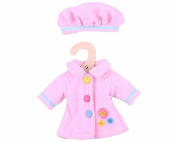 Bigjigs - Дрехи за кукла 25 см - Розово палто с шапка