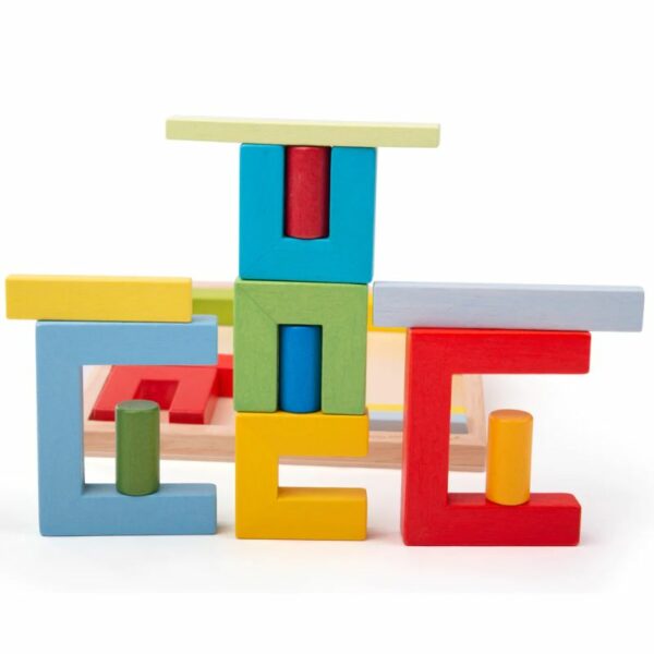 Bigjigs - Дървен пъзел конструктор за деца с цветни форми